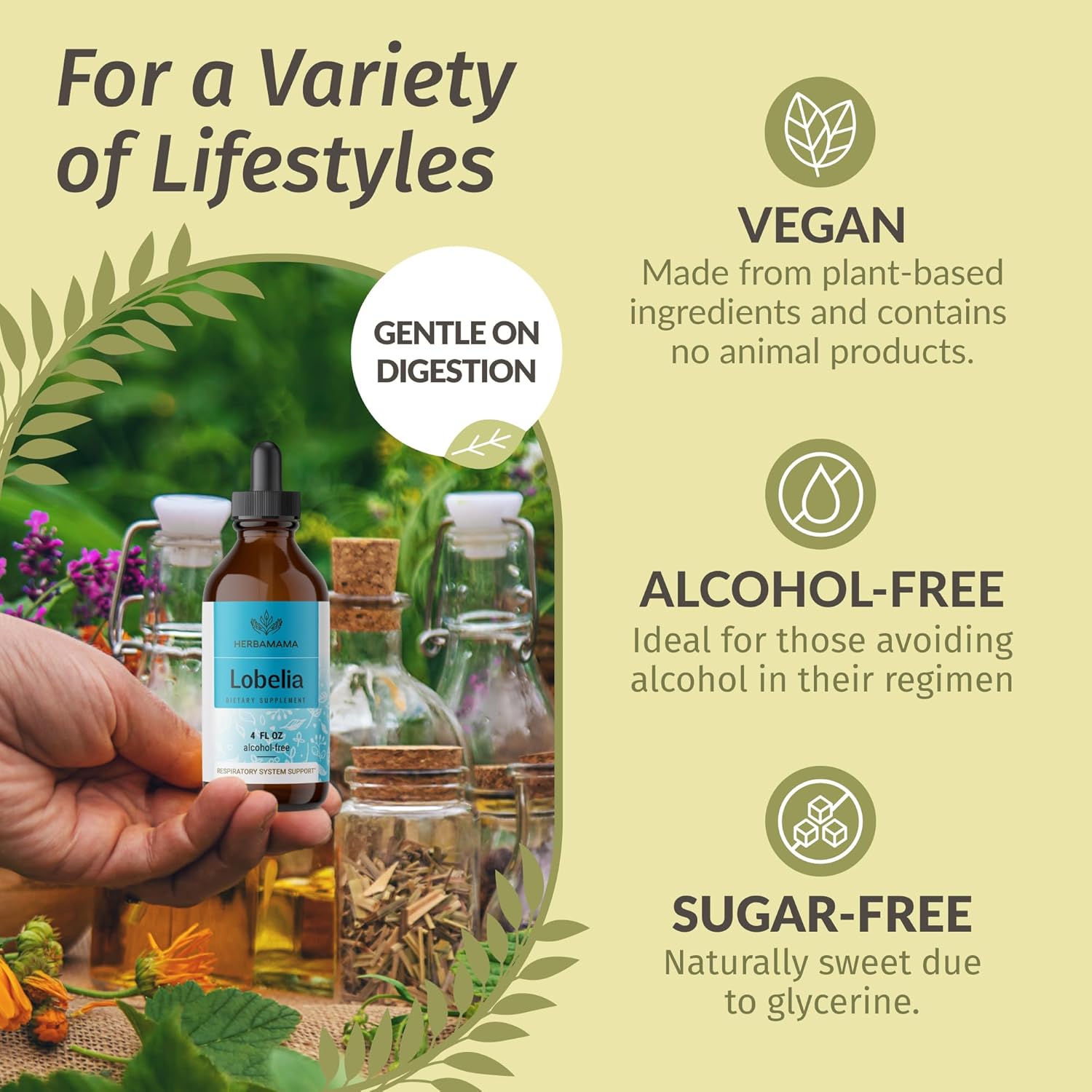 Herbamama Lobelia Tincture - Vegan Lobelia Leaf Extract For Lung Cleanse & Detox - Respiratory Lung Support Drops - Non-Gmo, Alcohol & Sugar-Free Respiratory Support Supplement : Health & Household