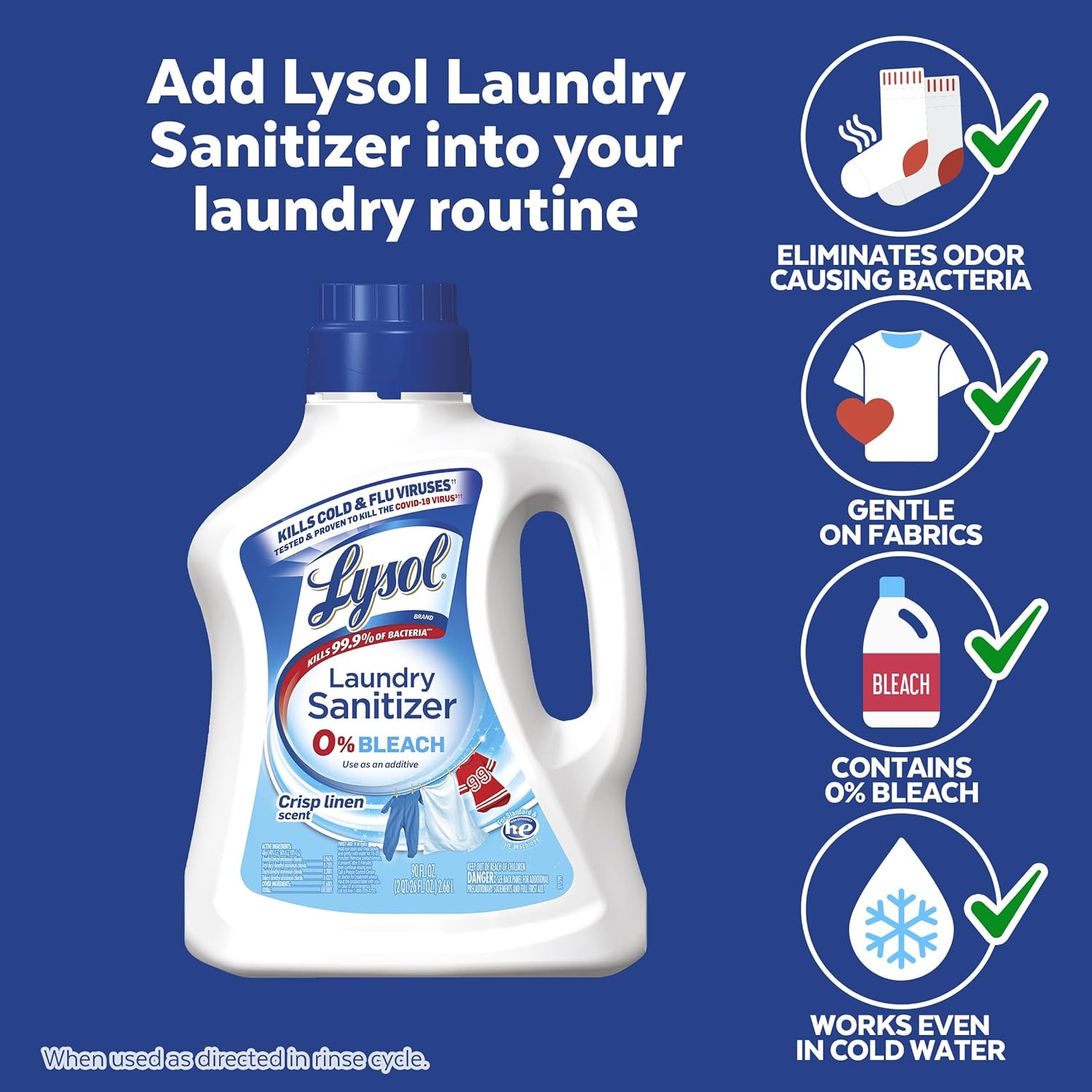 Lysol Laundry Sanitizer Additive, Bacteria-Causing Laundry Odor Eliminator, 0% Bleach Laundry Sanitizer, color, 90 Fl Oz Crisp Linen : Health & Household