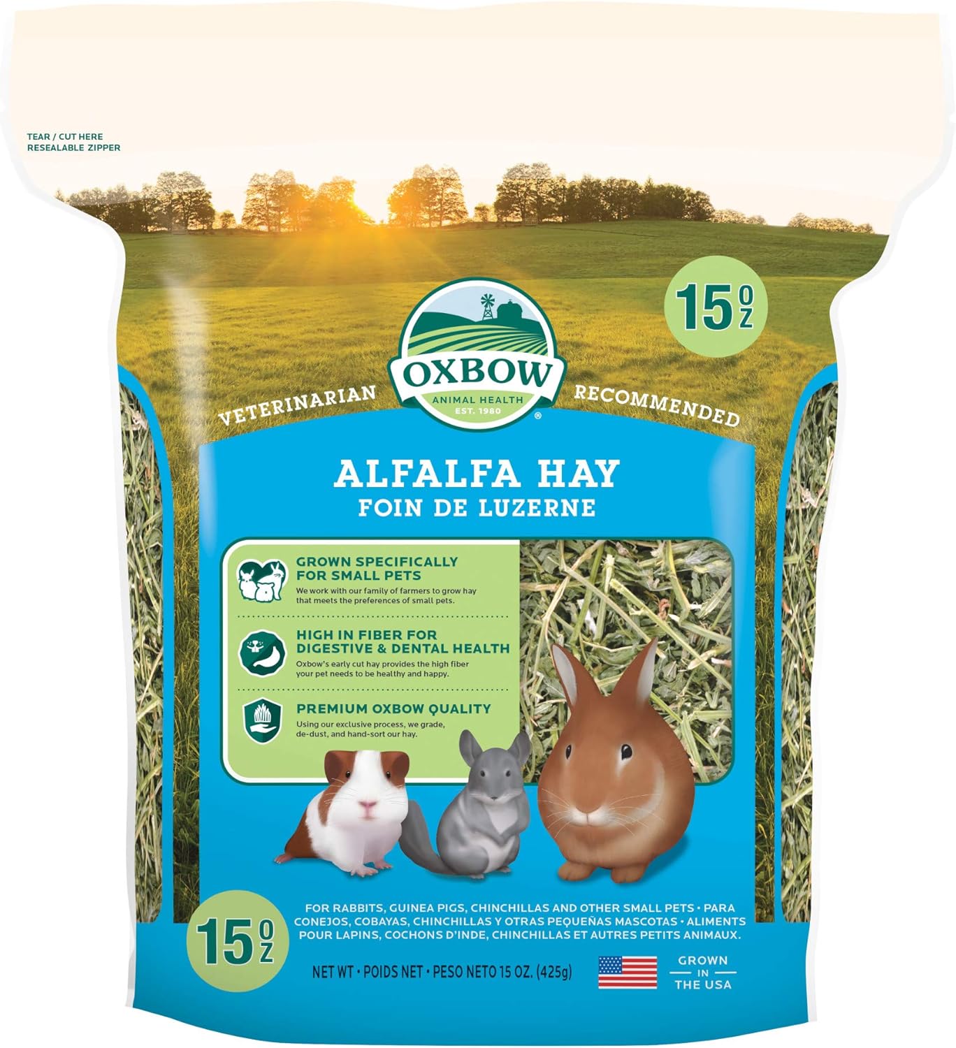 Oxbow Animal Health Alfalfa Hay, For Rabbits, Guinea Pigs, And Small Pets, Grown In The Usa, Hand-Selected And Hand-Sorted, 15 Ounce