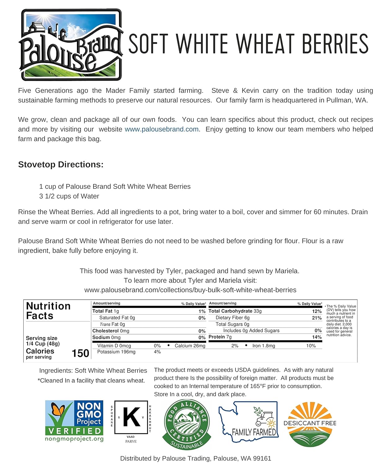 Soft White Wheat Berries | 4 LBS | Kraft Re-Sealable Bag | Desiccant Free | Sproutable | Non-GMO Project Verified | Kosher : Grocery & Gourmet Food