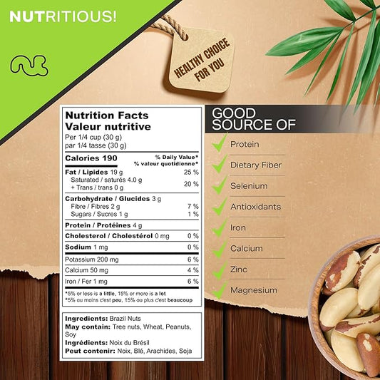 NUT CRAVINGS - Nueces crudas de Brasil, sin sal, sin cáscara, enteras, (16 onzas - 1 libra) Nueces a granel empaquetadas frescas en bolsa resellable - Bocadillo saludable kosher, vegano keto natural