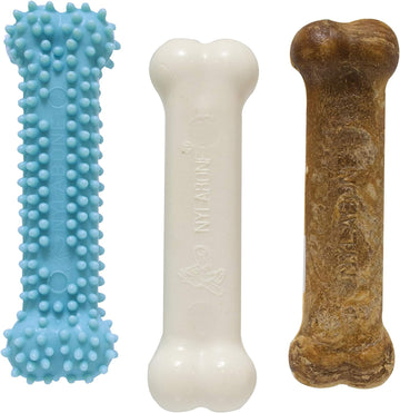 Nylabone Puppy Triple Pack - Blue Puppy Teething Toy, Nylon Dog Toy, & Chew Treat Variety Pack - Puppy Supplies - Chicken And Bacon Flavors, Small/Regular (3 Count)