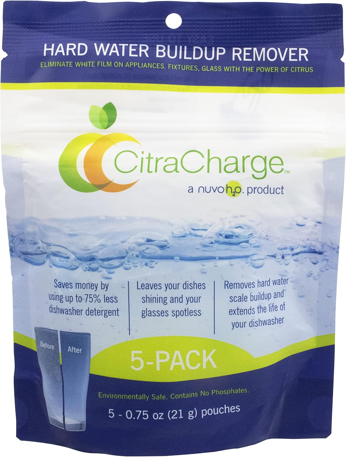 Nuvoh2O Citracharge - New Packaging! Hard-Water Buildup Remover, Dishwasher Booster And Cleaner, Multipurpose Cleaning Agent For Sink Fixtures, Toilets, Glass, Washing Machines, And More