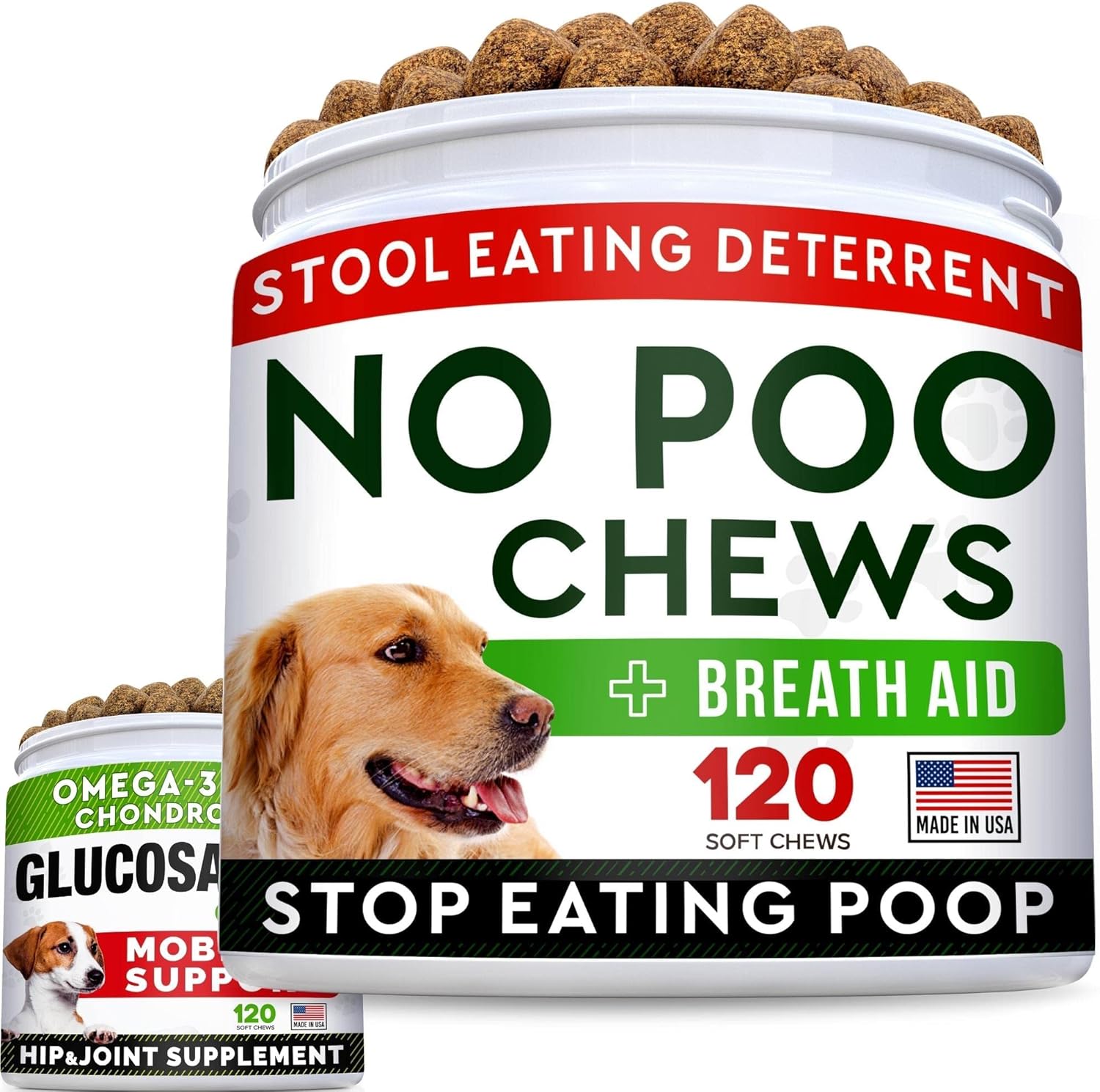 No Poo Treats + Glucosamine Treats Bundle - No Poop Eating For Dogs + Hip & Joint Care - Probiotics & Enzymes + Omega-3 Oil + Chondroitin, Msm - Coprophagia Stool Eating Deterrent + Joint Pain Relief