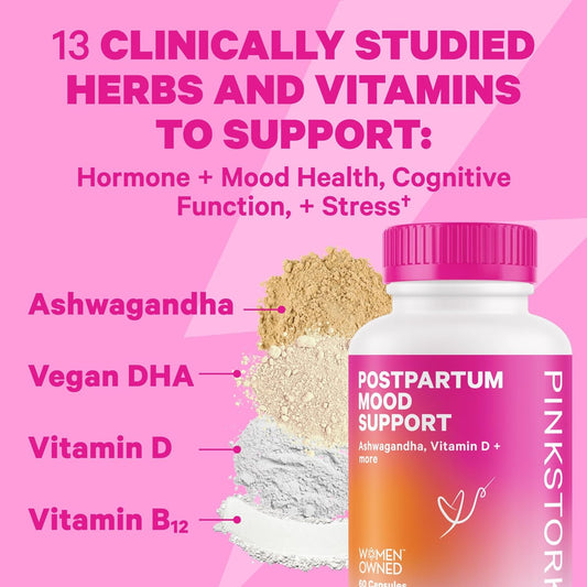 Pink Stork Postpartum Essentials For Hormone Balance, Recovery, And Mood Support For Women - Postnatal Vitamins With Ashwagandha, Raspberry Leaf Tea, And Chamomile Tea - Gifts For New Mom - Set Of 3