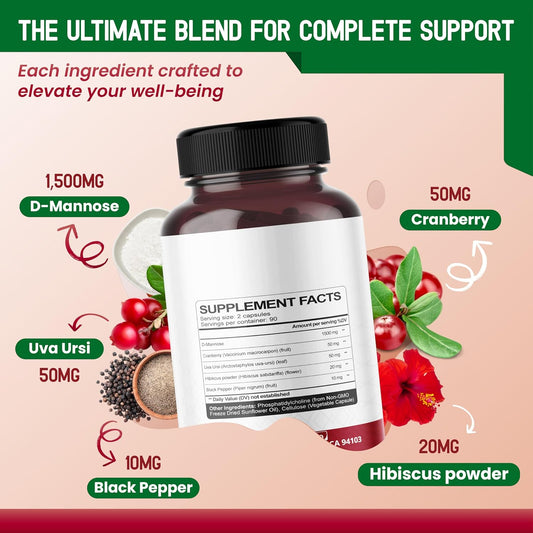 Liposomal D-Mannose Cranberry Supplement – 180 Capsules | Uva Ursi, Hibiscus, Black Pepper | Enhanced Absorption Formula | Non-Gmo, Gluten-Free