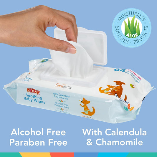 Nuby Soothing Baby Wipes Naturally Inspired With Chamomile Aloe And Citroganix (Fragrance Free/Extra Thick), Unscented, 64 Count