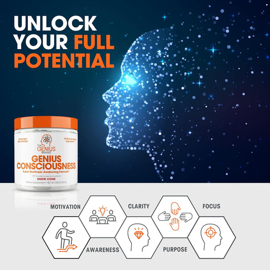 Genius Consciousness, Super Nootropic Brain Supplement Powder, Snow Cone - Focus, Cognitive Function, Concentration & Memory Booster - Alpha Gpc & Lions Mane Mushroom For Neuro Energy