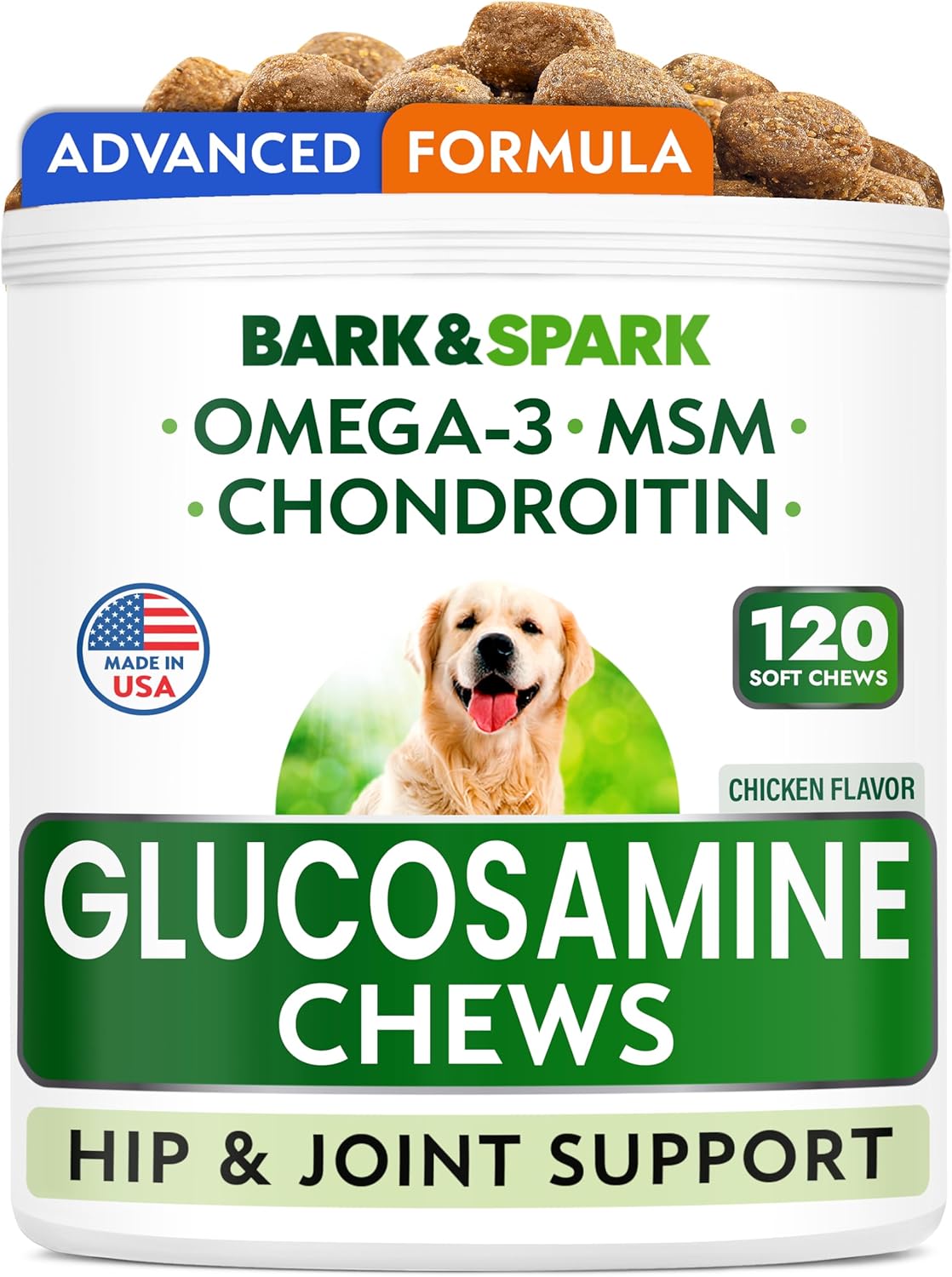 Bark&Spark Glucosamine Chondroitin Dog Hip & Joint Supplement - Joint Pain Relief - Hip & Joint Chews - Joint Support Large Small Breed - Senior Doggie Vitamin Pill Joint Health (120 Treats - Chicken)
