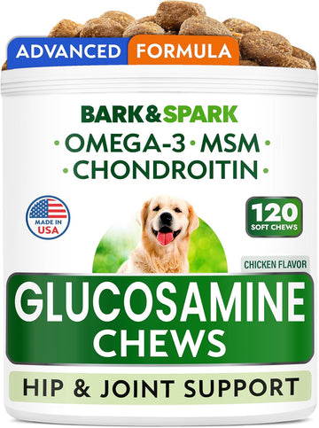 Bark&Spark Glucosamine Chondroitin Dog Hip & Joint Supplement - Joint Pain Relief - Hip & Joint Chews - Joint Support Large Small Breed - Senior Doggie Vitamin Pill Joint Health (120 Treats - Chicken)