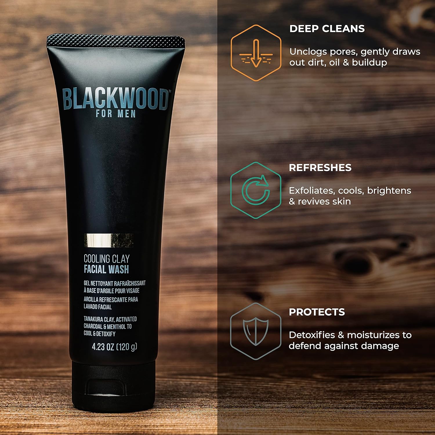 Blackwood For Men Cooling Clay Face Wash - Activated Charcoal, Menthol, & Tanakura Clay Cleanser & Mask For Deep Cleansing & Acne Treatment - Sulfate Free, Paraben Free, & Cruelty Free (7.41 Oz) : Beauty & Personal Care