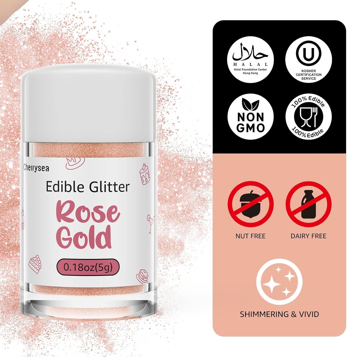 Edible Glitter,Drink Glitter Edible Dust, Edible Sparkles for Food Cupcakes,Cookies,Candy Sugar,Pops,Kosher Halal Certified Food Grade Coloring for Wines,Cocktails,Champagne,Beverages - Rose Gold : Grocery & Gourmet Food