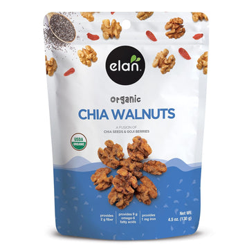 Elan Organic Chia Walnuts, 4.5 oz, Non-GMO, Gluten-Free, Vegan, Kosher, Healthy Snacks, Glazed Nuts with Chia Seeds, Goji Berry Powder & Himalayan Pink Salt, Superfood Infused Nuts