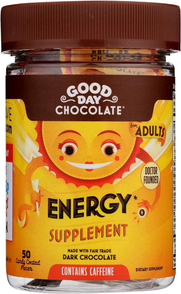 Good Day Chocolate Energy Supplements for Adults [50 Count] Fair Trade Caffeine Chocolate with B-Vitamins, Green Tea Extracts and 20 mg Caffeine Per Piece - Energy Booster for Women and Men