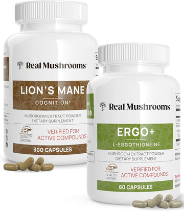 Real Mushrooms Ergothioneine (60Ct) And Lions Mane (300Ct) Bundle With Shiitake And Oyster Mushroom Extracts - Longevity And Cognition - Vegan, Gluten Free, Non-Gmo - Natural Support For Healthy Aging