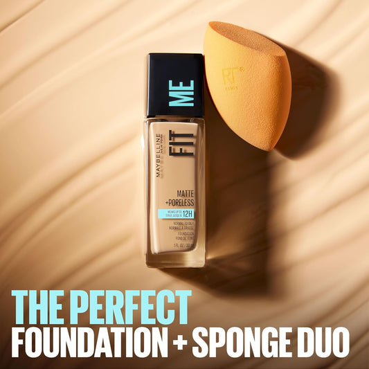 Maybelline Fit Me Matte + Poreless Liquid Foundation And Real Techniques Makeup Sponge Bundle, Includes 1 Foundation In Sun Beige And 2 Miracle Complexion Makeup Sponges