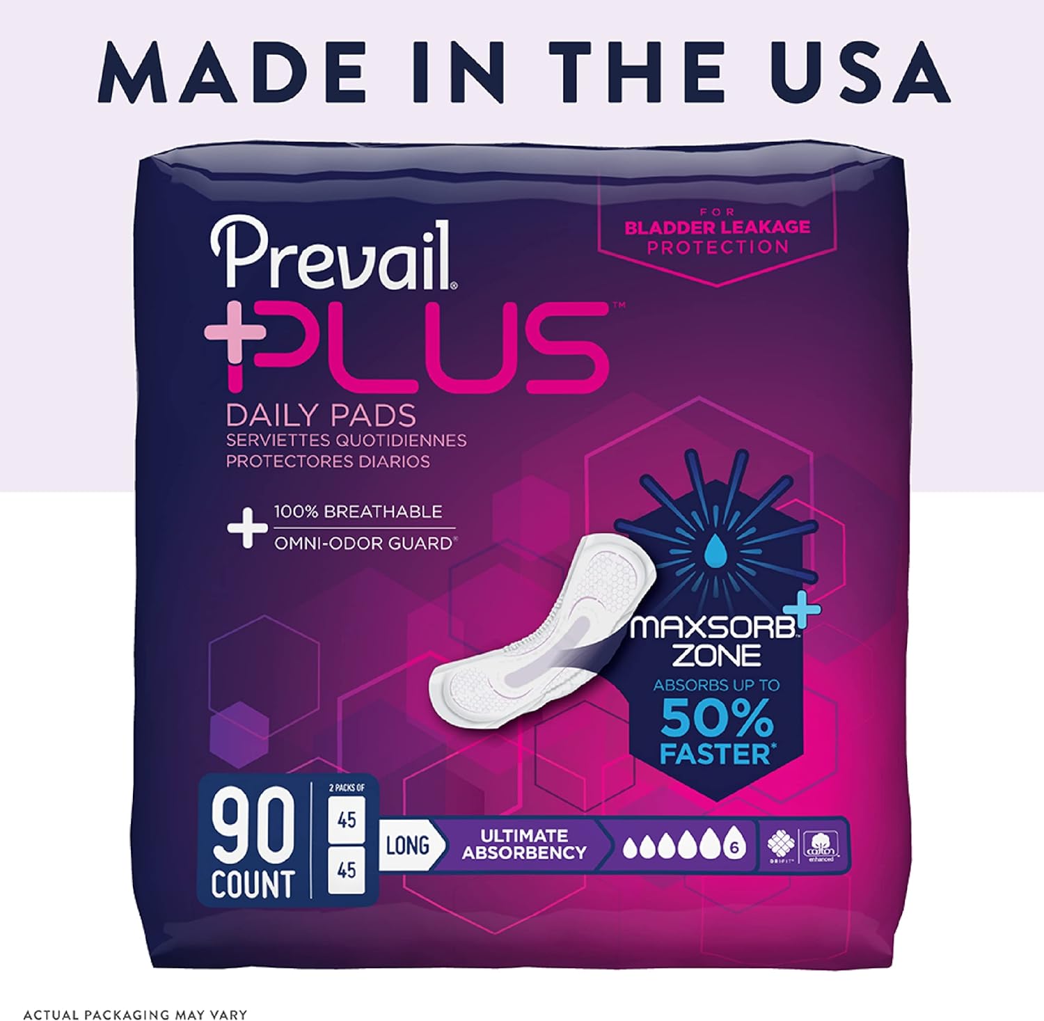 Prevail Plus | Long Length Incontinence Bladder Control Pads | Ultimate Absorbency | 90 Count (2 packs or 45) : Health & Household