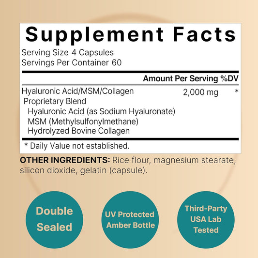 Naturebell Hyaluronic Acid Supplements 2,000*Mg | 240* Capsules, With Msm & Hydrolyzed Bovine Collagen – 3 In 1 Support For Skin Hydration, Joint Lubrication, Hair, And Eye Health