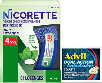 Nicorette 4 Mg Mini Nicotine Lozenges To Help Stop Smoking - Mint Flavored Stop Smoking Aid, 1-Pack, 81 Count, Plus Advil Dual Action Coated Caplets With Acetaminophen, 2 Count