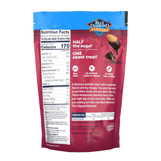 Blue Diamond Almonds, Dark Chocolate Covered Thin Dipped Snack Nuts For Guilt-Free Snacking With Half The Sugar, Perfect For Gathering, Holidays, Or Craving A Sweet Treat, 4Oz. Resealable Bag