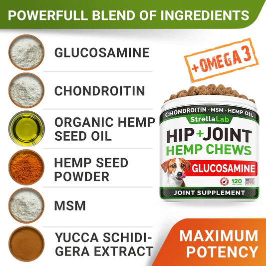 Hemp Treats - Glucosamine Dog Joint Supplement + Omega 3 - W/Hemp Oil - Chondroitin, Msm - Advanced Mobility Chews - Joint Pain Relief - Hip & Joint Care - Chicken Flavor - 120 Ct - Made In Usa