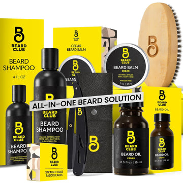 The Beard Club Beard Kit For Men - Grooming & Care Kit - Cedar & Sandalwood Oil, Sandalwood Balm, Boar Bristle Brush, Comb, Trimming Scissors - Dad Gift Set