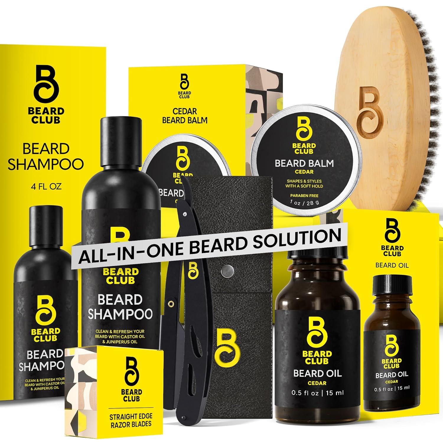 The Beard Club Beard Care Kit & Mens Grooming Kit - Essentials For A Healthier Looking, Stylish Facial Hair - Straight Edge Razor, Shampoo, Cedar Balm & Oil, And Boar Bristle Brush