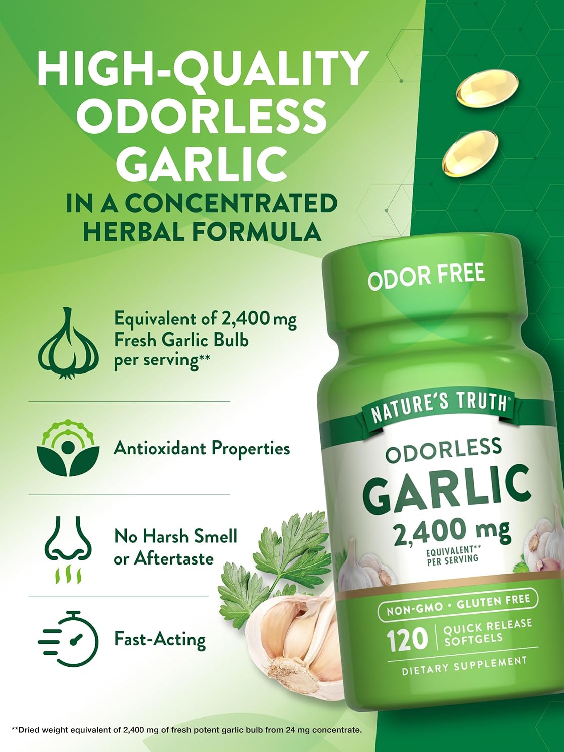 Odorless Garlic 2400 mg | 120 Softgel Capsules | High Strength Extract Pills | Non-GMO, Gluten Free Supplement | by Nature's Truth : Health & Household