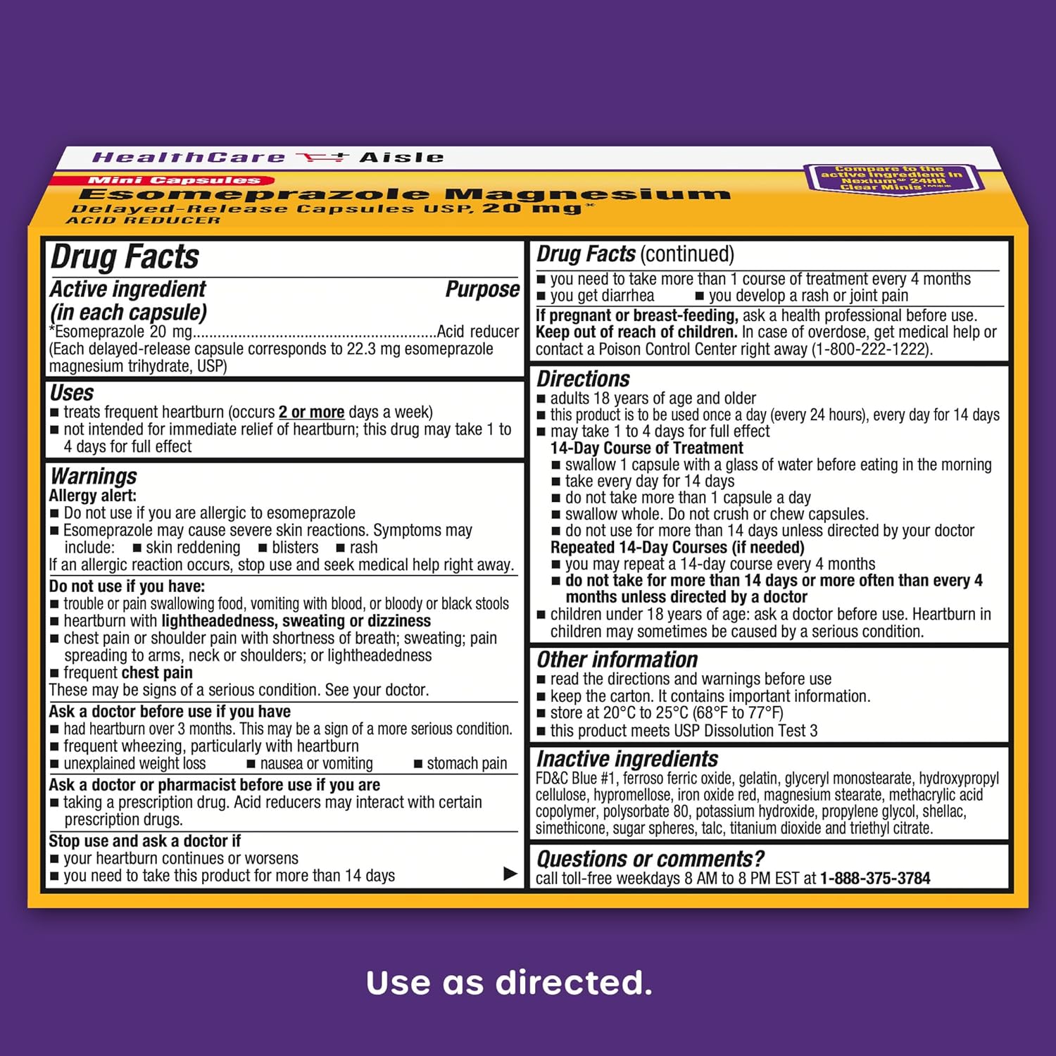 Healthcareaisle Esomeprazole Magnesium 20 Mg - 42 Delayed-Release Mini Capsules - Acid Reducer, Treats Frequent Heartburn : Health & Household