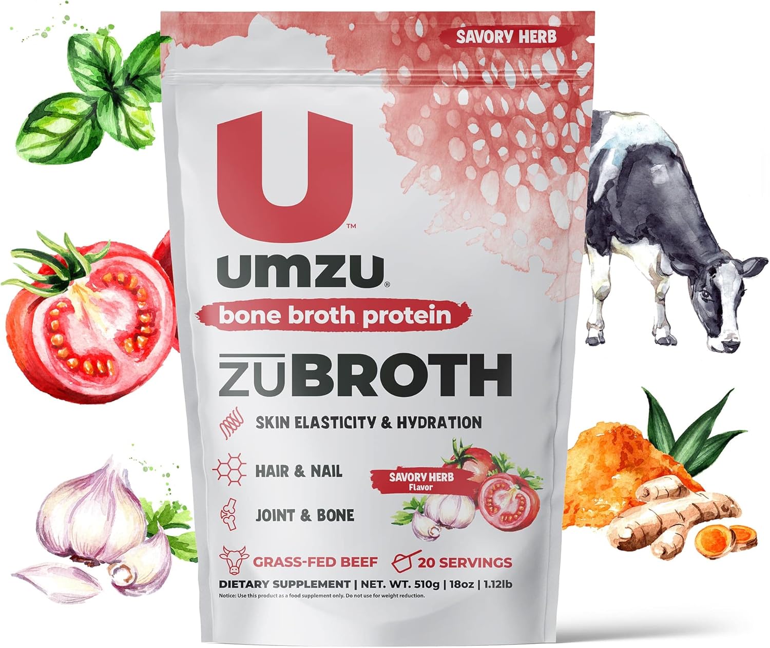 UMZU ZuBroth Bone Broth Protein Powder Supplement | Grass Fed Bovine for Healthy Joints, Hair, Skin & Nails | Turmeric & Tomato for Recovery (Savory Herb | 20 Serving) : Health & Household