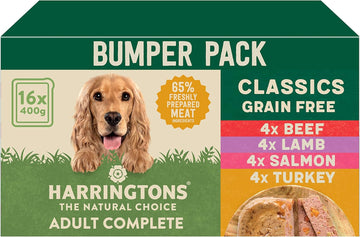 Harringtons Complete Wet Tray Grain Free Hypoallergenic Adult Dog Food Classics Bumper Pack 16x400g - Beef, Lamb, Salmon & Turkey- Made with All Natural Ingredients?HARRWBULKCL-C400