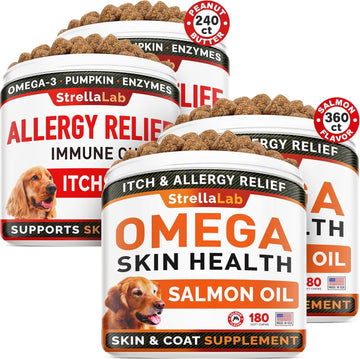 Allergy Relief 240 Ct + Omega 3 For Dogs - 360 Ct Dogs Bundle - Allergy & Itch Relief Skin & Coat Supplement - Omega 3 & Pumpkin - Dry Itchy Skin, Shedding, Hot Spots Treatment - Made In Usa