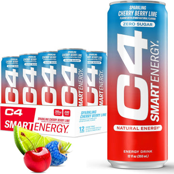 C4 Smart Energy Drink – Boost Focus And Energy With Zero Sugar, Natural Energy, And Nootropics - 200Mg Caffeine - Cherry Berry Lime (12Oz Pack Of 12)