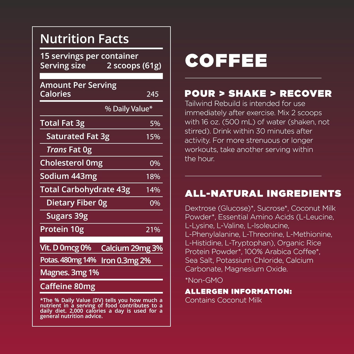 Tailwind Nutrition Recovery Mix, Complete Protein, Carbohydrates, and Electrolytes Powder Drink Mix for Post-Workout, Free of Gluten, Soy, and Dairy, Vegan, 12 Servings, Coffee : Health & Household