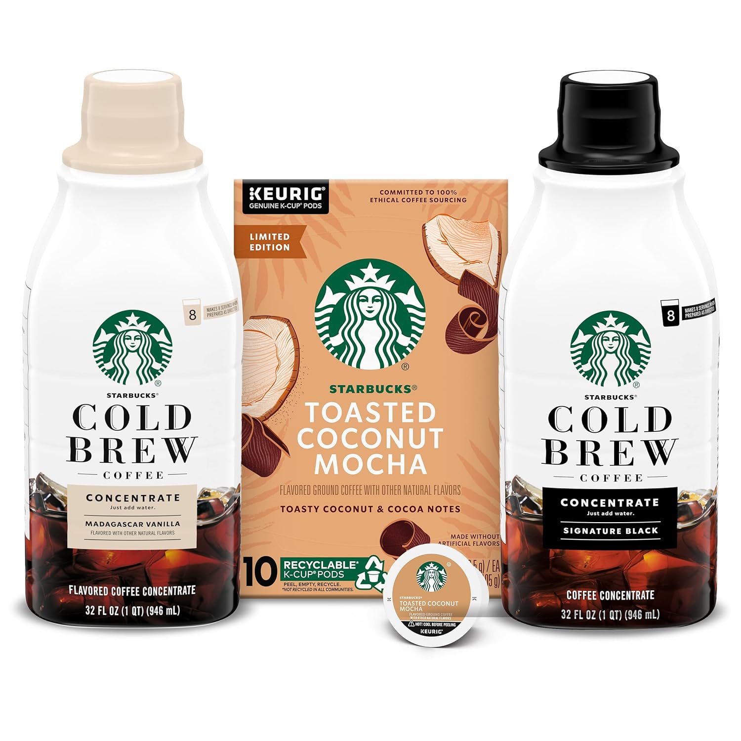 Starbucks Summer Variety Pack, K-Cup Coffee Pods Naturally Flavored Toasted Coconut Mocha And Cold Brew Concentrates Signature Black, Madagascar Vanilla, 100% Arabica, 10 pods And 32 fl oz each