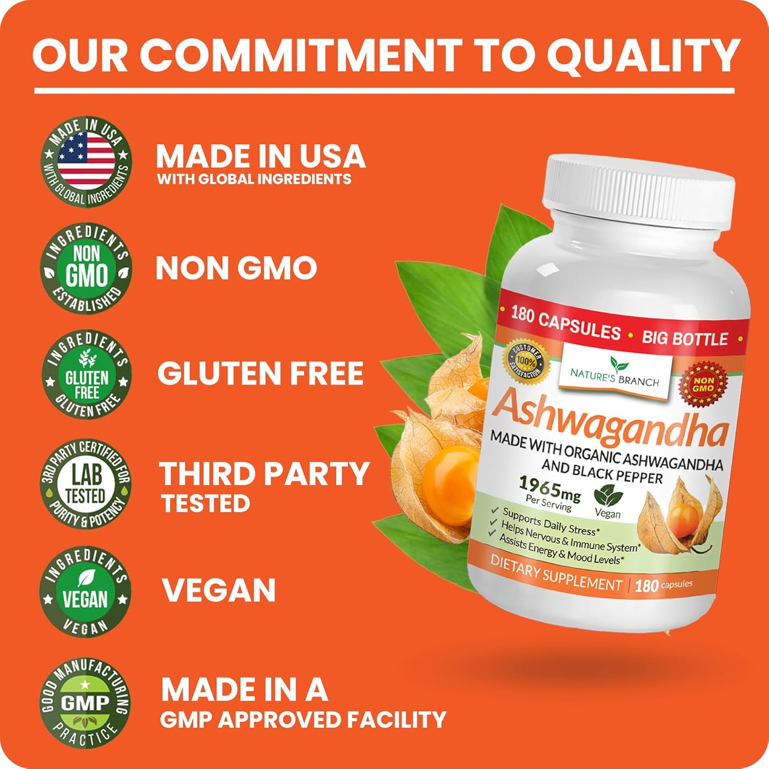 Udaf Verified Organic Ashwagandha With Black Pepper - 180 Capsules - 1965Mg Extra Strength For Stress, Sleep, Mood, Thyroid, Focus, Hair, Vegan Pure Root Extract Powder - Men And Women Supplements : Health & Household