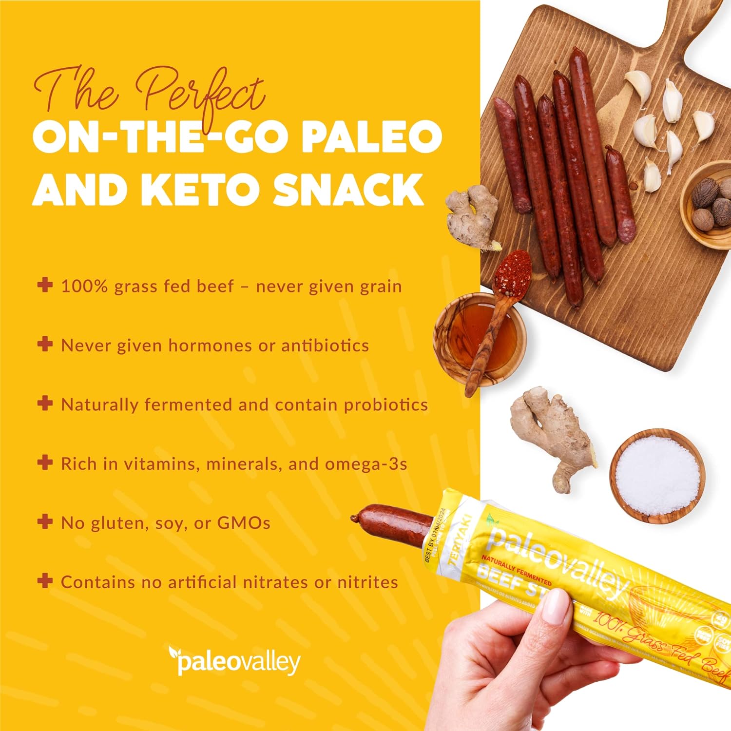 Paleovalley 100% Grass Fed Teriyaki Beef Sticks - Delicious Gluten Free Beef Snack - High Protein Keto Friendly : Grocery & Gourmet Food