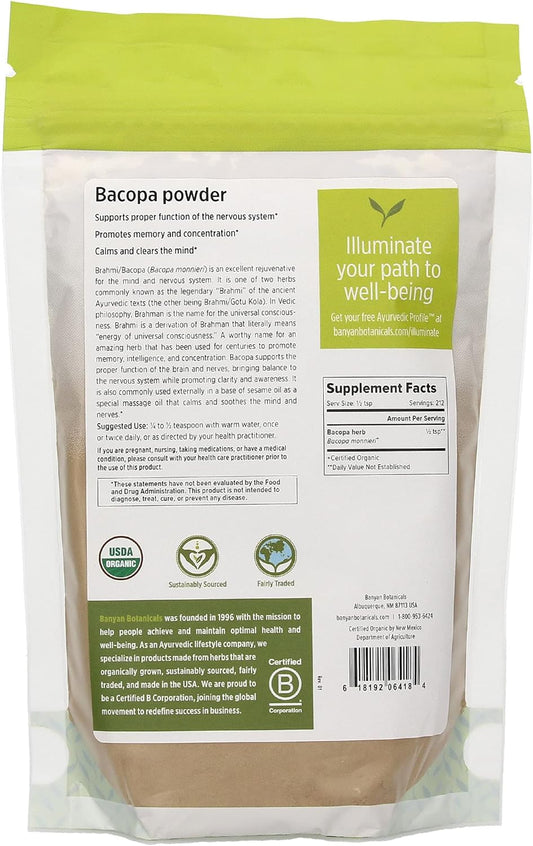 Banyan Botanicals Bacopa Powder, 1/2  - USDA Organic - Bacopa monniera - Ayurvedic Herb for Memory & Focus