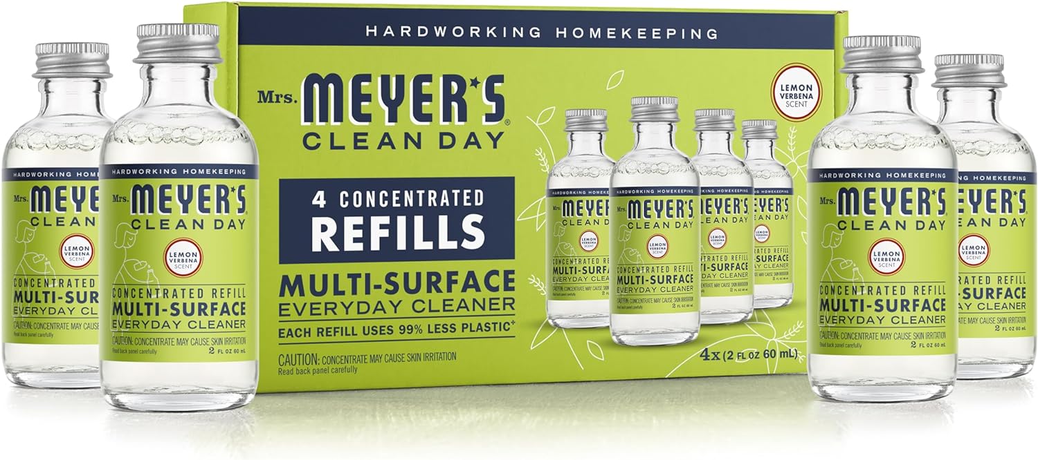 Mrs. Meyer'S Clean Day Multi-Surface Everyday Cleaner Concentrated Refills, 4 Concentrated Refills (2 Fl. Oz. Each), Eco Friendly, Lemon Verbena Scent, Makes 64 Fl. Oz. Total