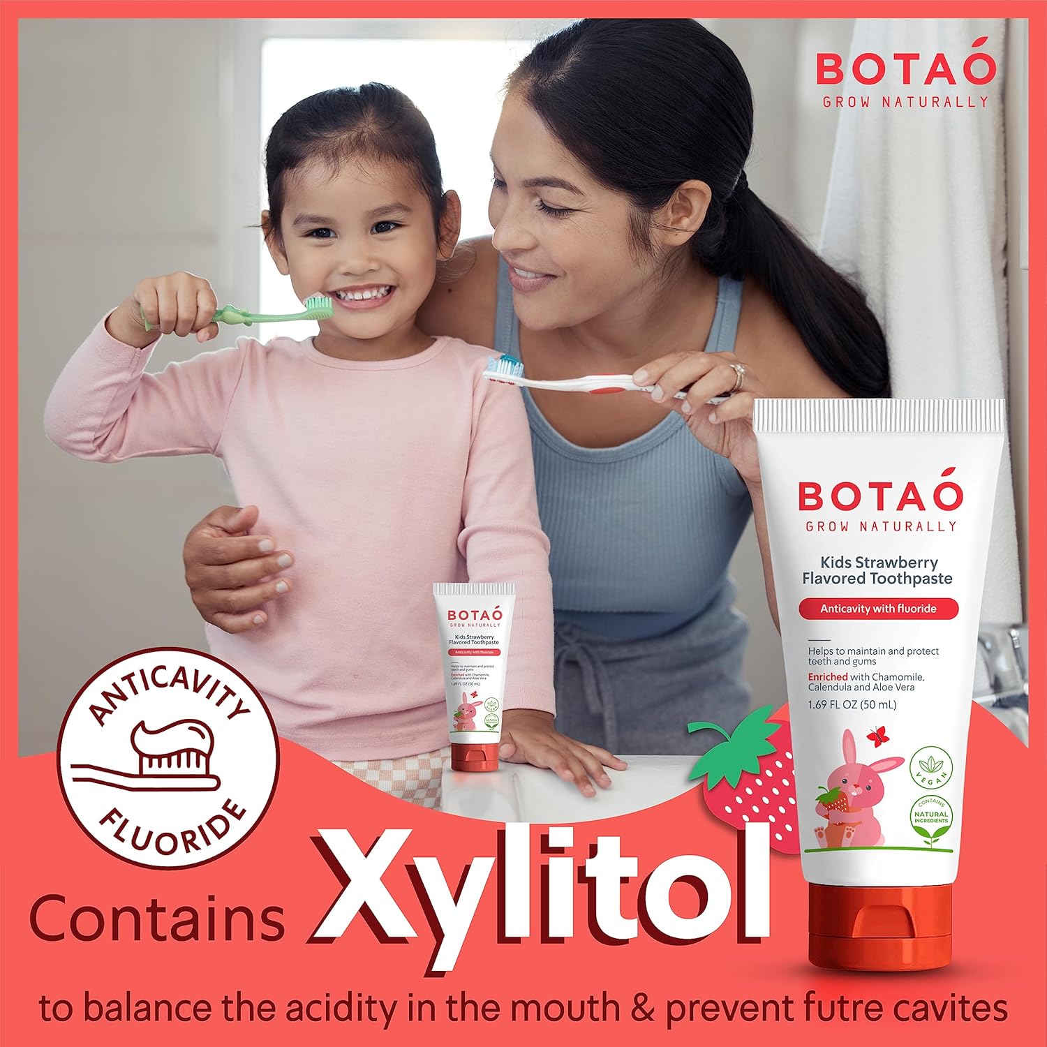 Botao Kids Natural Strawberry Flavored Anticavity Fluoride Toothpaste Maximum Cavity Protection Cleans Children’s Teeth Protects Gums Chamomile Aloe Vera Calendula Xylitol for Ages 2 and Up : Health & Household