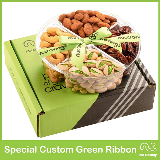 Nut Cravings Gourmet Collection - Mothers Day Mixed Nuts Gift Basket + Green Ribbon (4 Assortments) Arrangement Platter, Birthday Care Package - Healthy Kosher USA Made