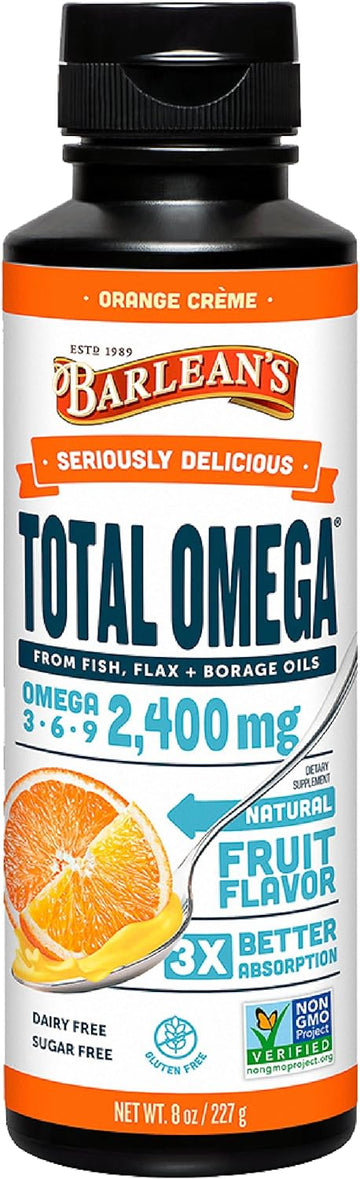 Barlean's Total Omega 3 6 9 Orange Crme Liquid Fish Oil Supplement wi