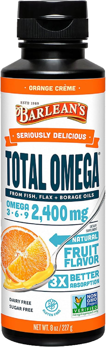 Barlean's Total Omega 3 6 9 Orange Crème Liquid Fish Oil Supplement with Borage and Flaxseed Oil, 2,400 mg of Omegas EPA and DHA Plus GLA for Joint and Heart Health, 8 oz