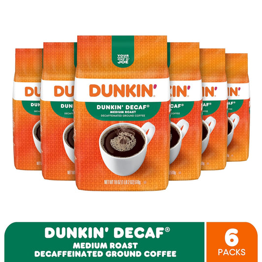 Dunkin' Decaf Medium Roast Decaffeinated Ground Coffee, 18 Ounce (Pack Of 6)