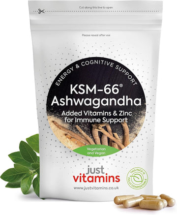 Advanced Ashwagandha KSM?66® Complex Capsules with 500mg of Premium KSM-66® Ashwagandha Per Capsule (x60) High Strength Root Extract - 5% Withanolides with Vitamin C, B6, B12 & Zinc. Vegan & UK Made