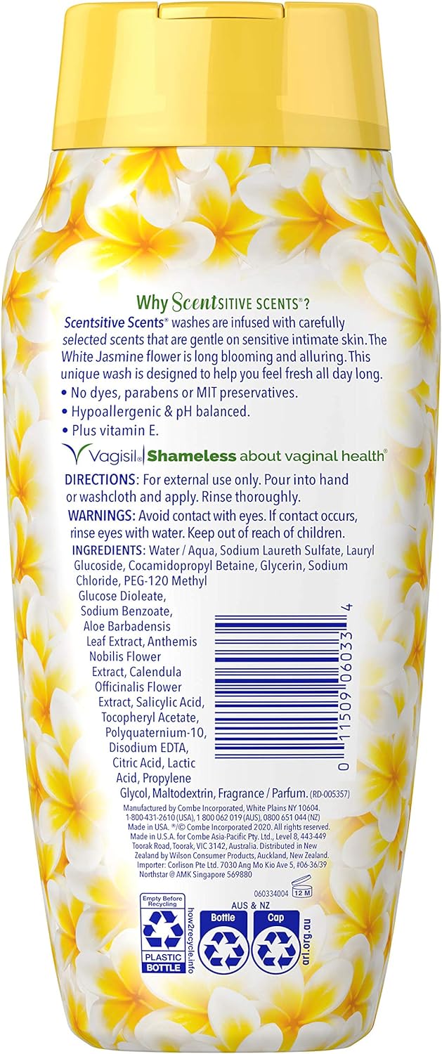 Vagisil Feminine Wash for Intimate Area Hygiene, Scentsitive Scents, pH Balanced and Gynecologist Tested, White Jasmine, 12 oz (Pack of 1) : Health & Household