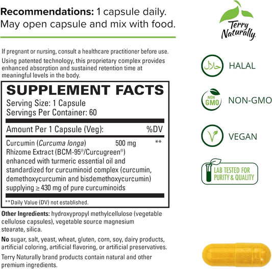 Terry Naturally CuraMed 500 mg Curcumin Complex - 60 Capsules - Superior Absorption BCM-95 - Non-GMO, Vegan, Kosher, Gluten Free - 60 Servings