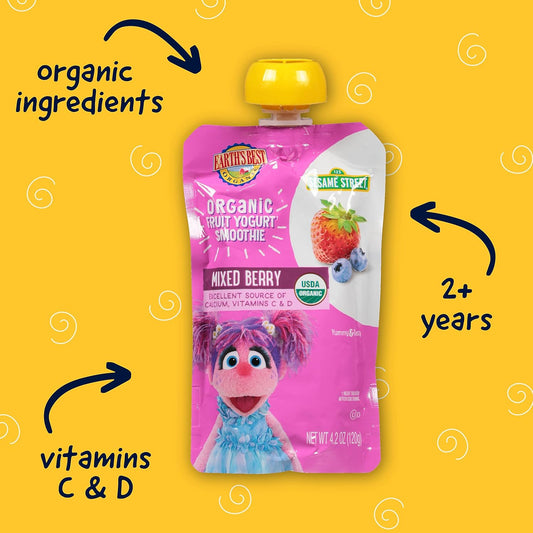 Earth'S Best Organic Kids Snacks, Sesame Street Toddler Snacks, Organic Fruit Yogurt Smoothie For Toddlers 2 Years And Older, Mixed Berry, 4.2 Oz Resealable Pouch (Pack Of 12)