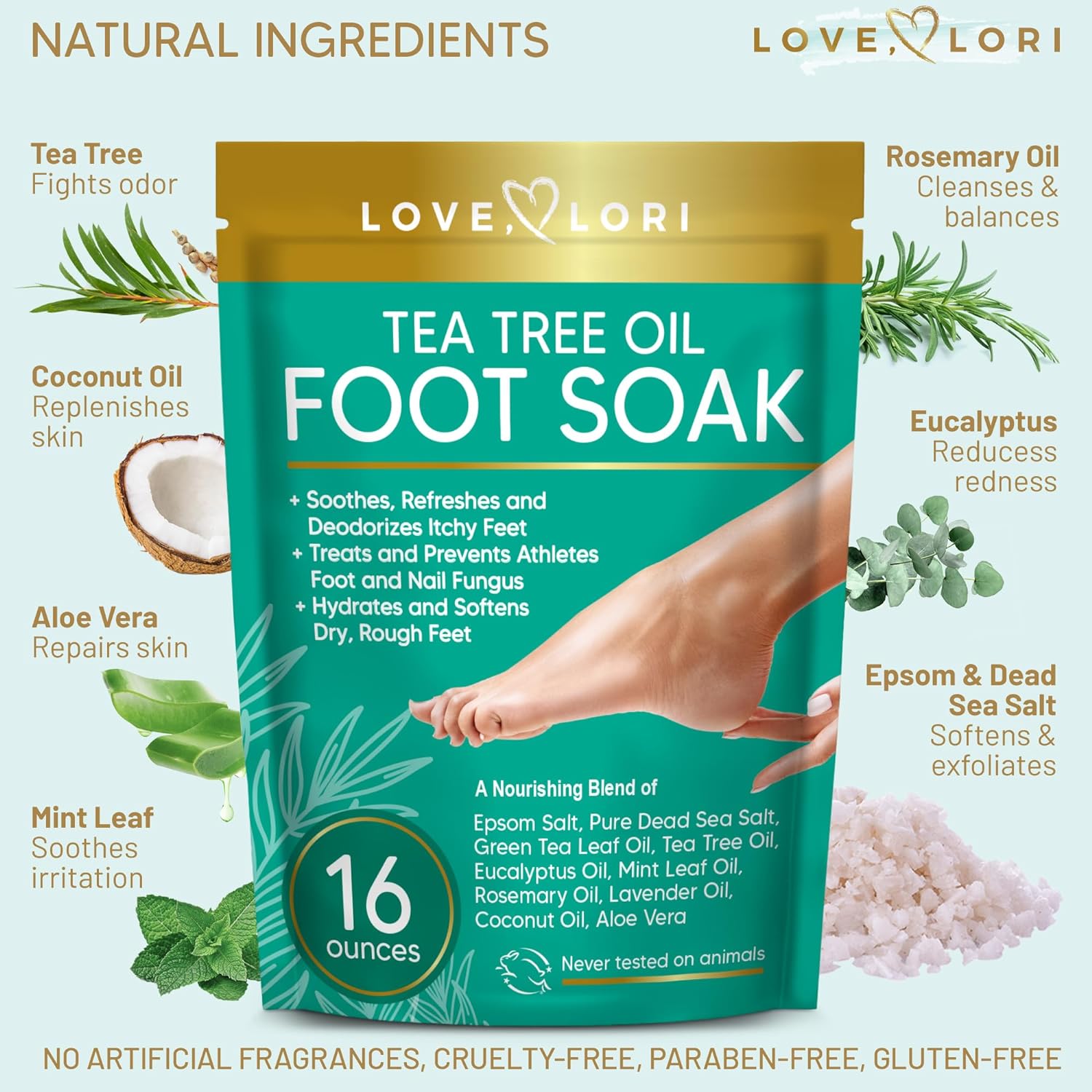 LOVE, LORI Tea Tree Oil Epsom Salt Foot Soak for Dry Cracked Feet (16oz) - Foot Soaking Salts for Foot Soaking Tub - Pedicure & Foot Spa Soak w/ Natural Essential Oils : Beauty & Personal Care