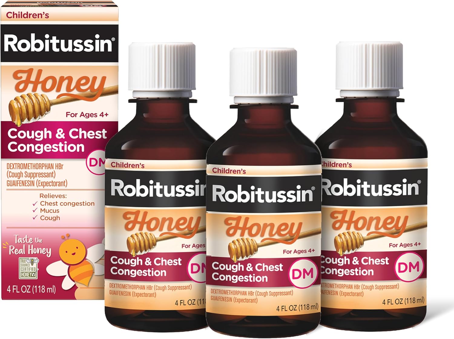 Children'S Robitussin Honey Cough And Chest Congestion Dm, Children'S Cough Medicine Made With Real Honey For Flavor - 4 Fl Oz X 3